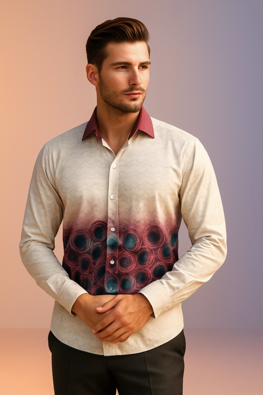 A stylish premium cotton shirt for men with a unique maroon and teal circular pattern, featuring a contrasting maroon collar and elegant design – perfect for casual and formal looks.