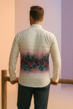 A stylish premium cotton shirt for men with a unique maroon and teal circular pattern, featuring a contrasting maroon collar and elegant design – perfect for casual and formal looks.