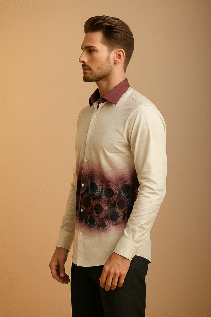 "Men’s premium printed shirt with maroon collar – Young Forest"