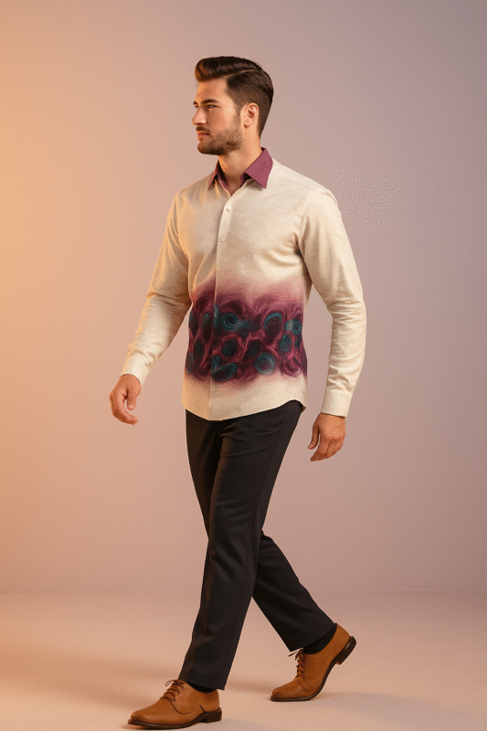 A stylish premium cotton shirt for men with a unique maroon and teal circular pattern, featuring a contrasting maroon collar and elegant design – perfect for casual and formal looks.
